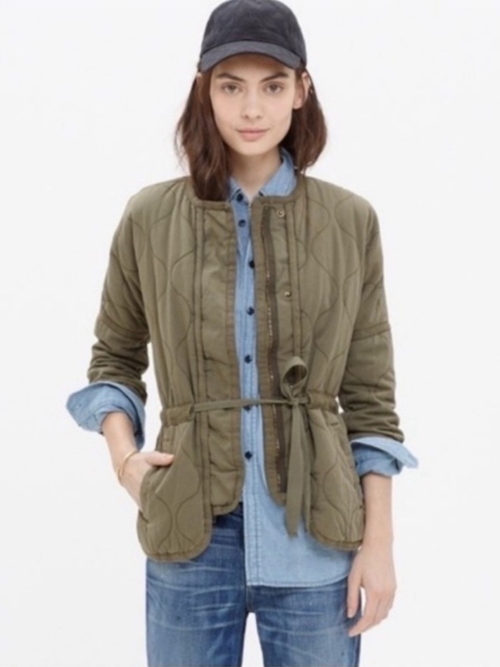 Madewell Olive Green Quilted Drawstring Women’s Jacket | Size Large